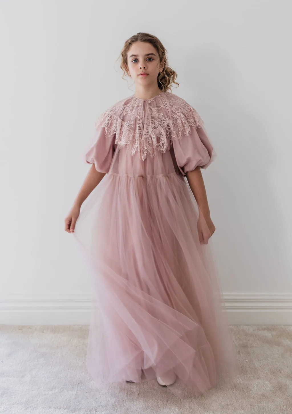 1232B-CUSTOM Lace Collar Tulle Midi Dress-Mauve