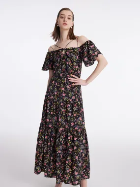 16 Momme Mulberry Silk Rose Printed Off Shoulder Women Maxi Dress