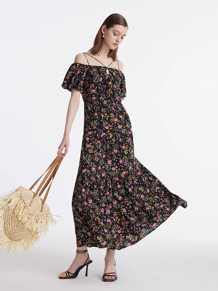 16 Momme Mulberry Silk Rose Printed Off Shoulder Women Maxi Dress