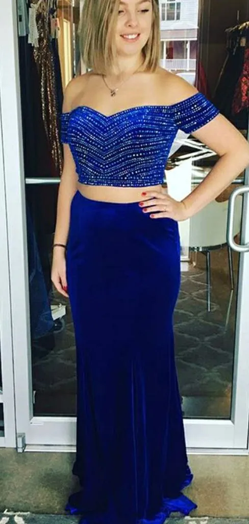 2 Pieces Royal Blue Beaded Velvet Prom Dresses