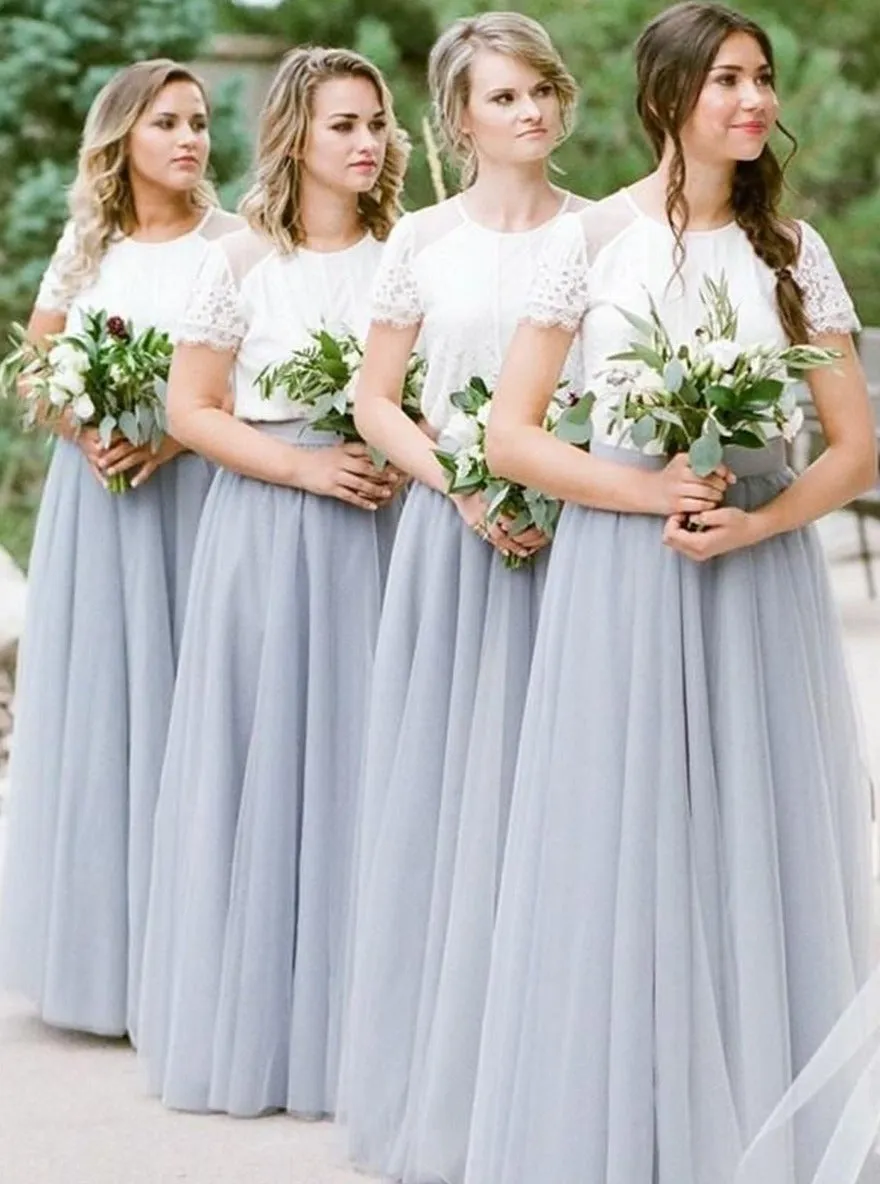 2 Pieces Tulle Long Bridesmaid Dress with Lace Top for Wedding ER2166