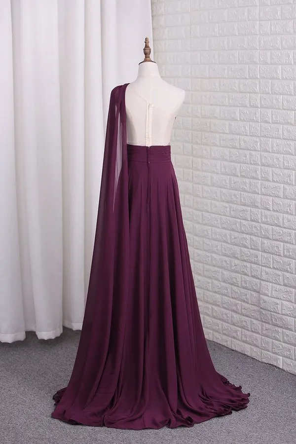 2024 One Shoulder A Line Chiffon Prom Dresses With Ruffles PKHF7XK7