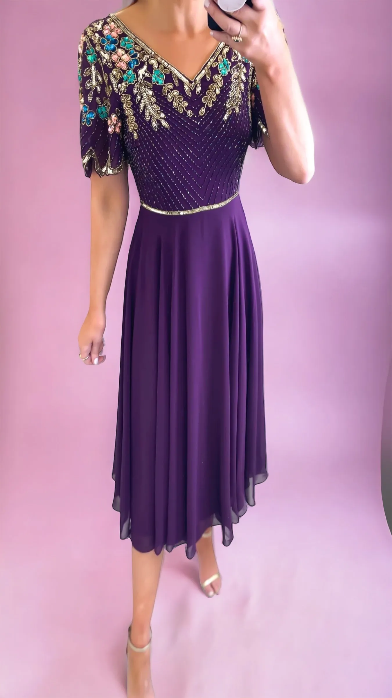 5-A1365 Purple Embellished Flare Dress