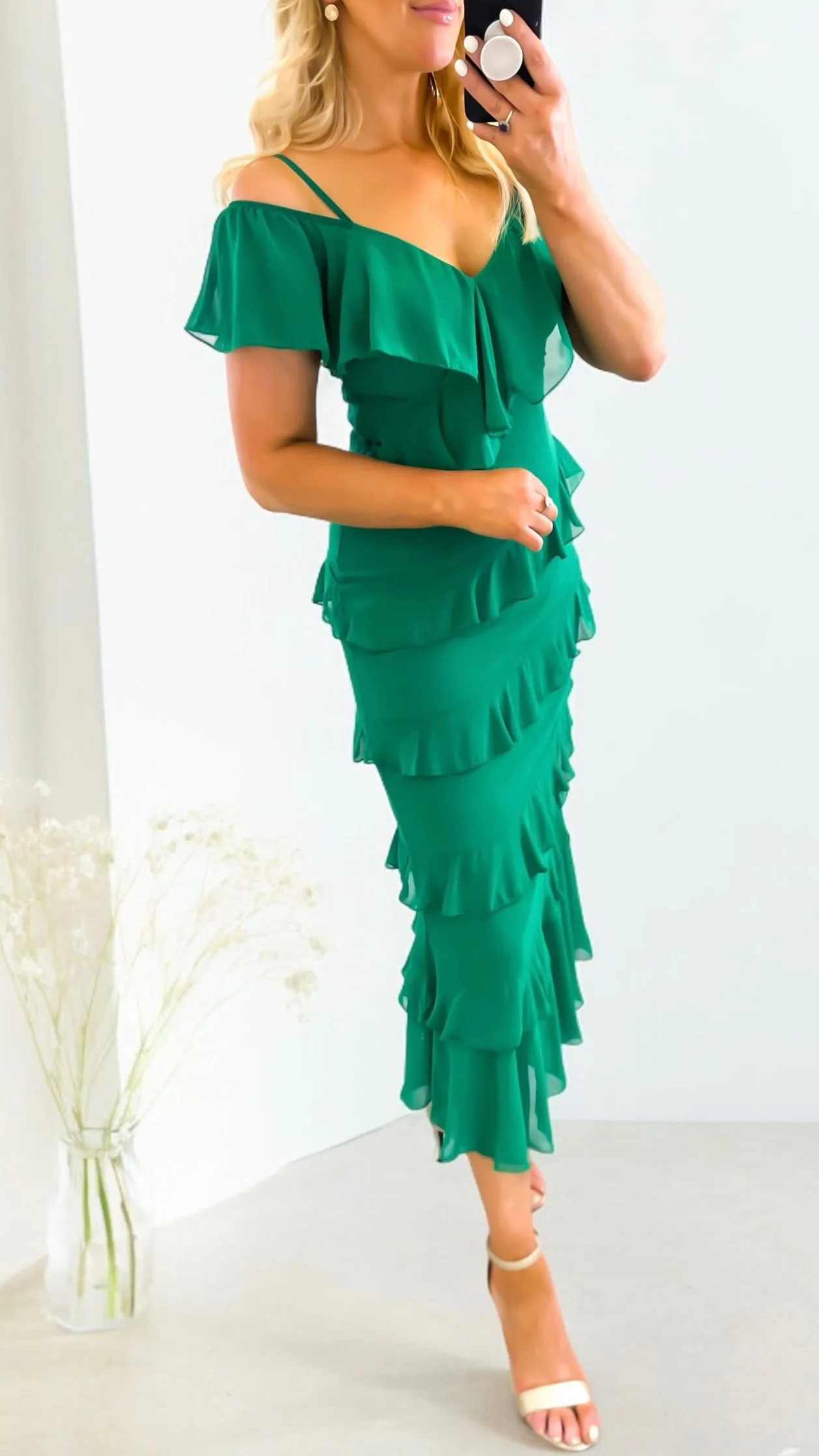 5-A1724 Myrtle Green Cold Shoulder Dress