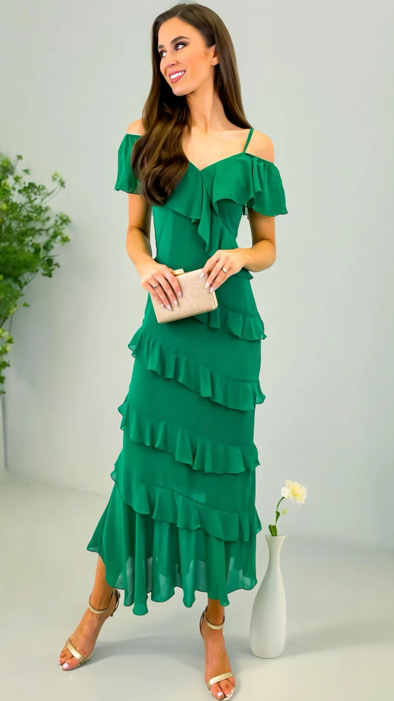 5-A1724 Myrtle Green Cold Shoulder Dress