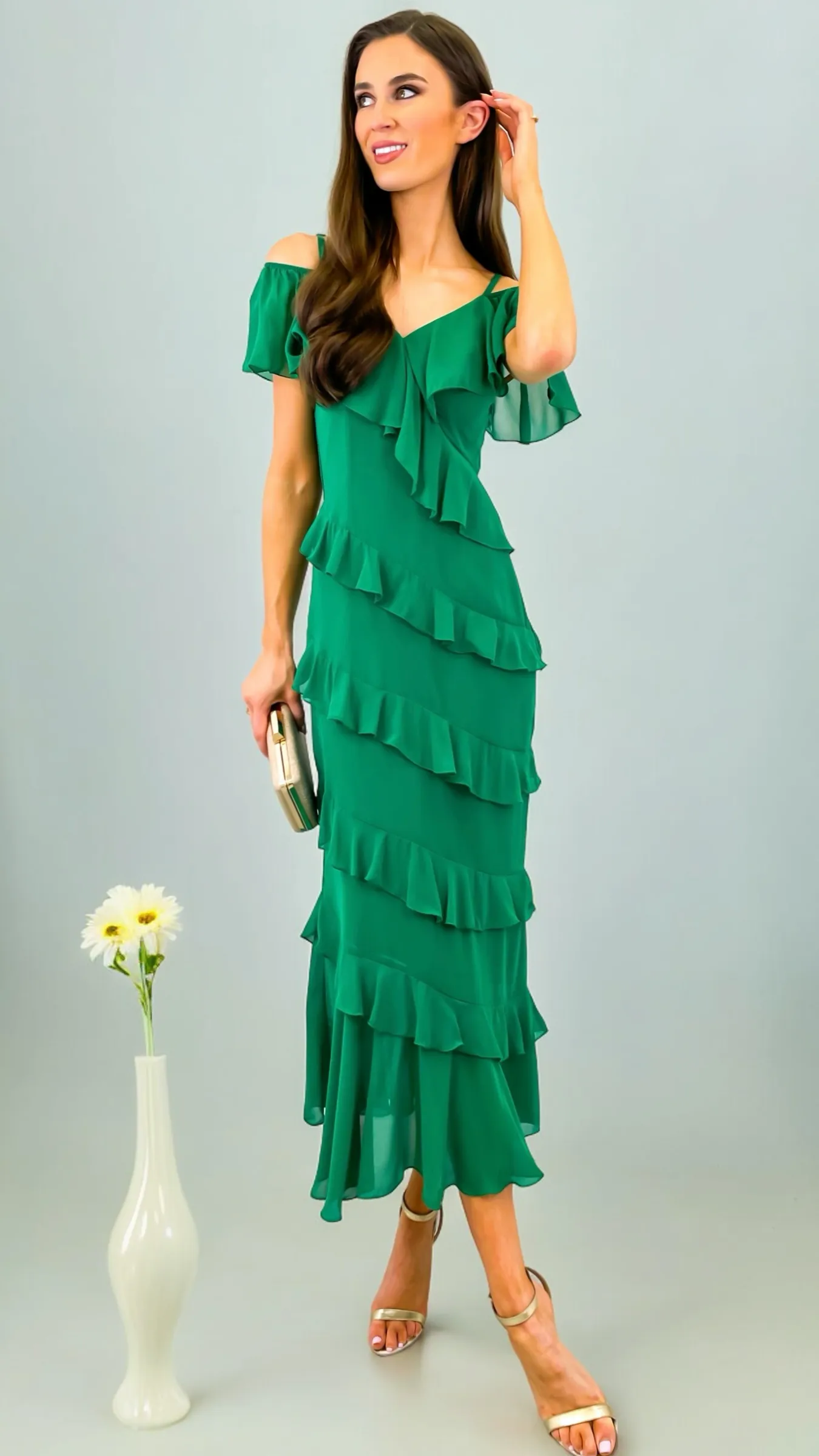 5-A1724 Myrtle Green Cold Shoulder Dress