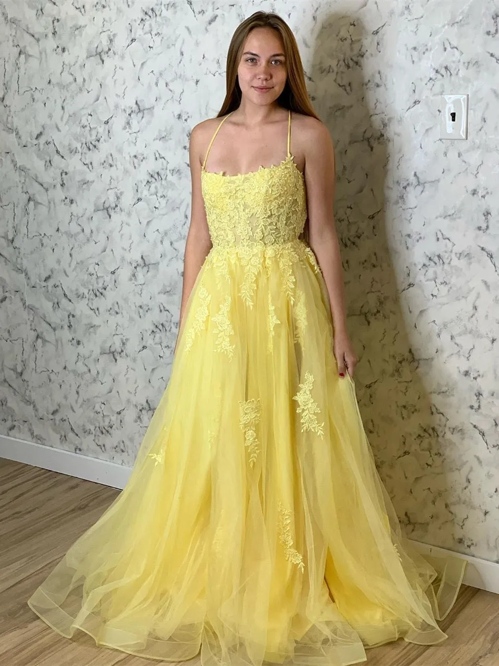 A Line Backless Tulle Long Lace Appliques Yellow Prom Dresses, Backless Yellow Lace Formal Dresses, Lace Yellow Evening Dresses