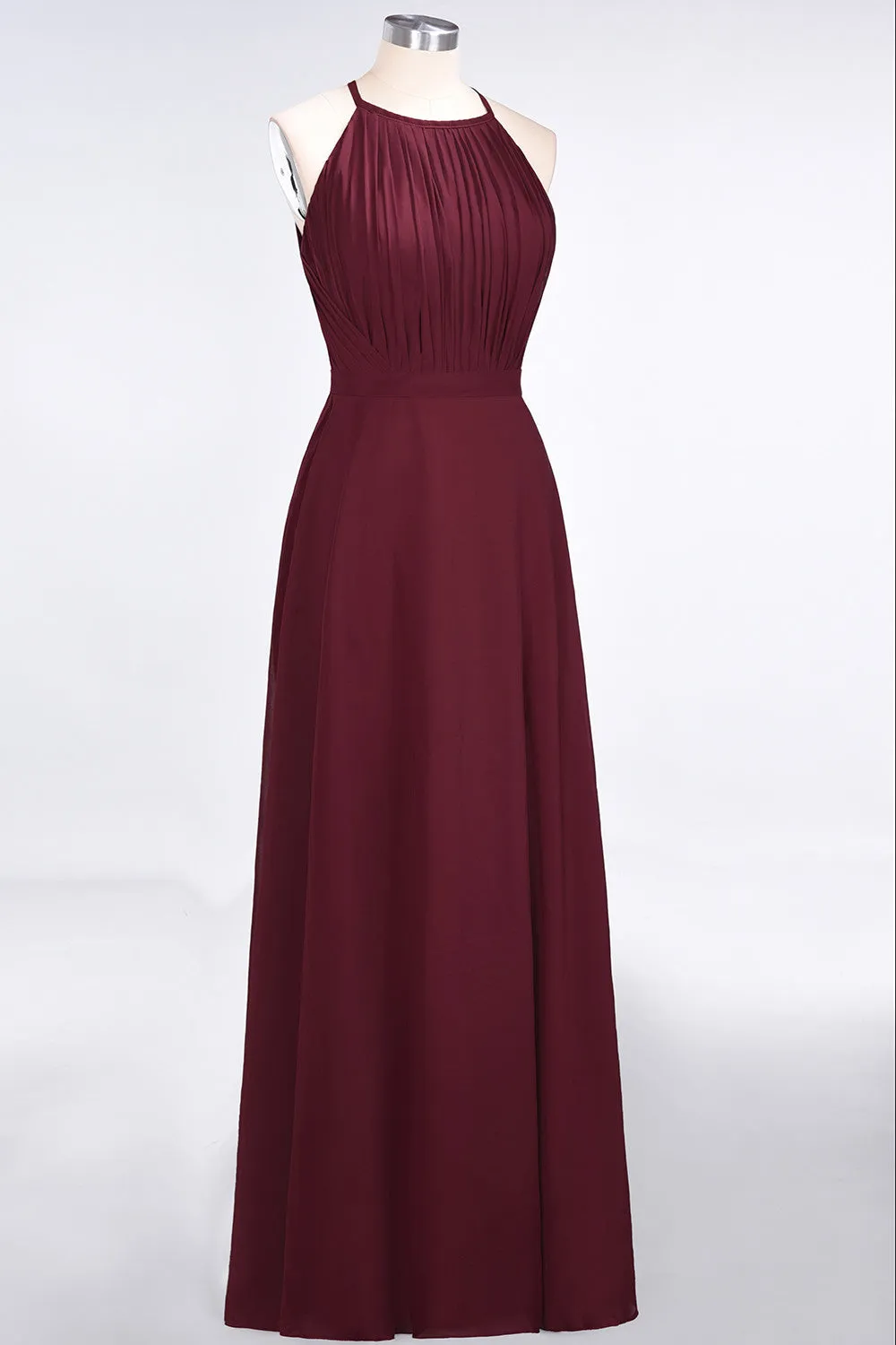 A-Line Chiffon Jewel Sleeveless Long Bridesmaid Dress with Ruffles