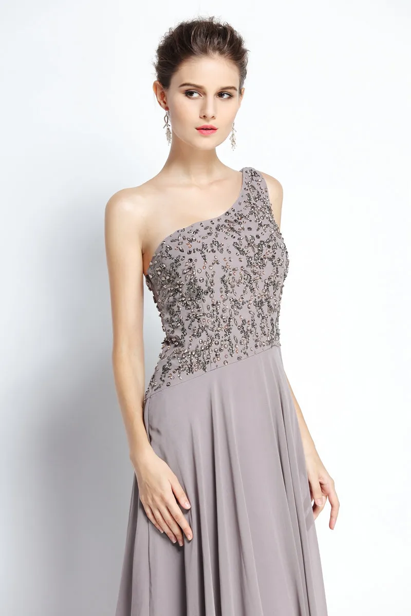 A-Line Floor-length One-shoulder Chiffon Sleeveless Prom Dress with Beading and Draping-334093