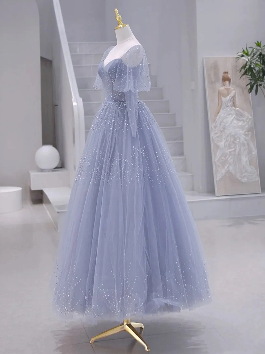 A-Line Long sleeves Beading Gray Blue Long Prom Dress, Gray Blue Formal Dress