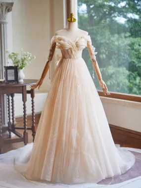 A-Line Off Shoulder Tulle Beads Champagne Long Prom Dress