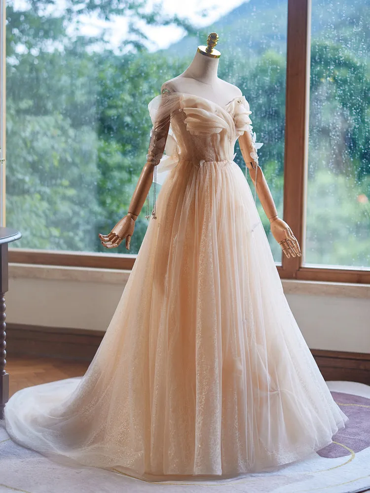 A-Line Off Shoulder Tulle Beads Champagne Long Prom Dress