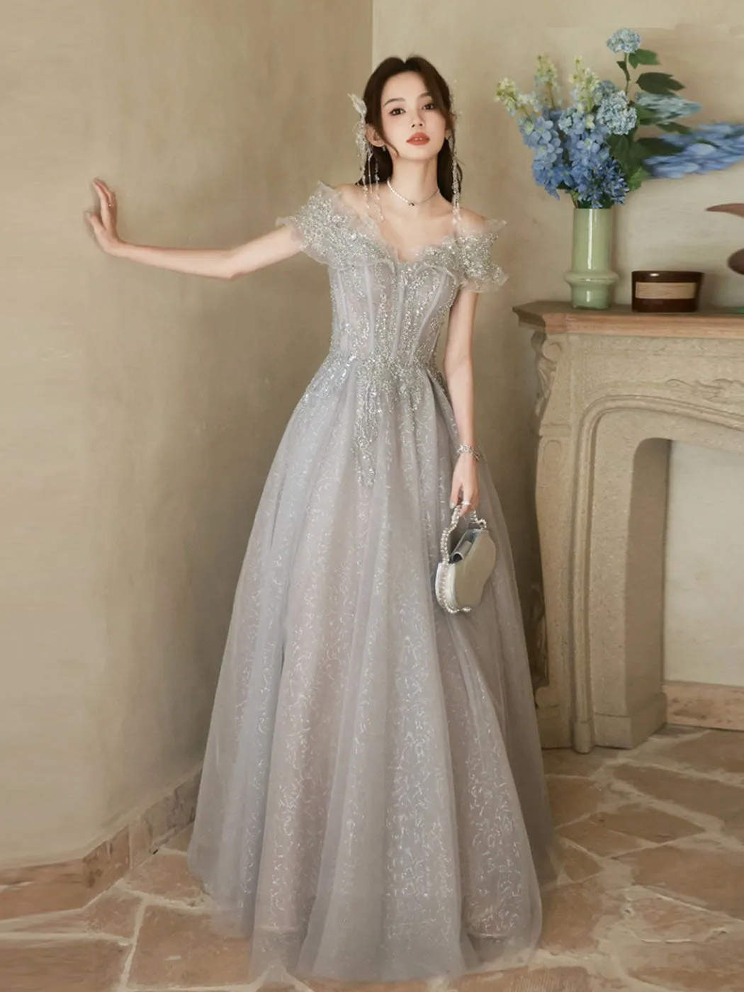 A-Line Off Shoulder Tulle Sequin Gray Long Prom Dress, Gray Formal Dress