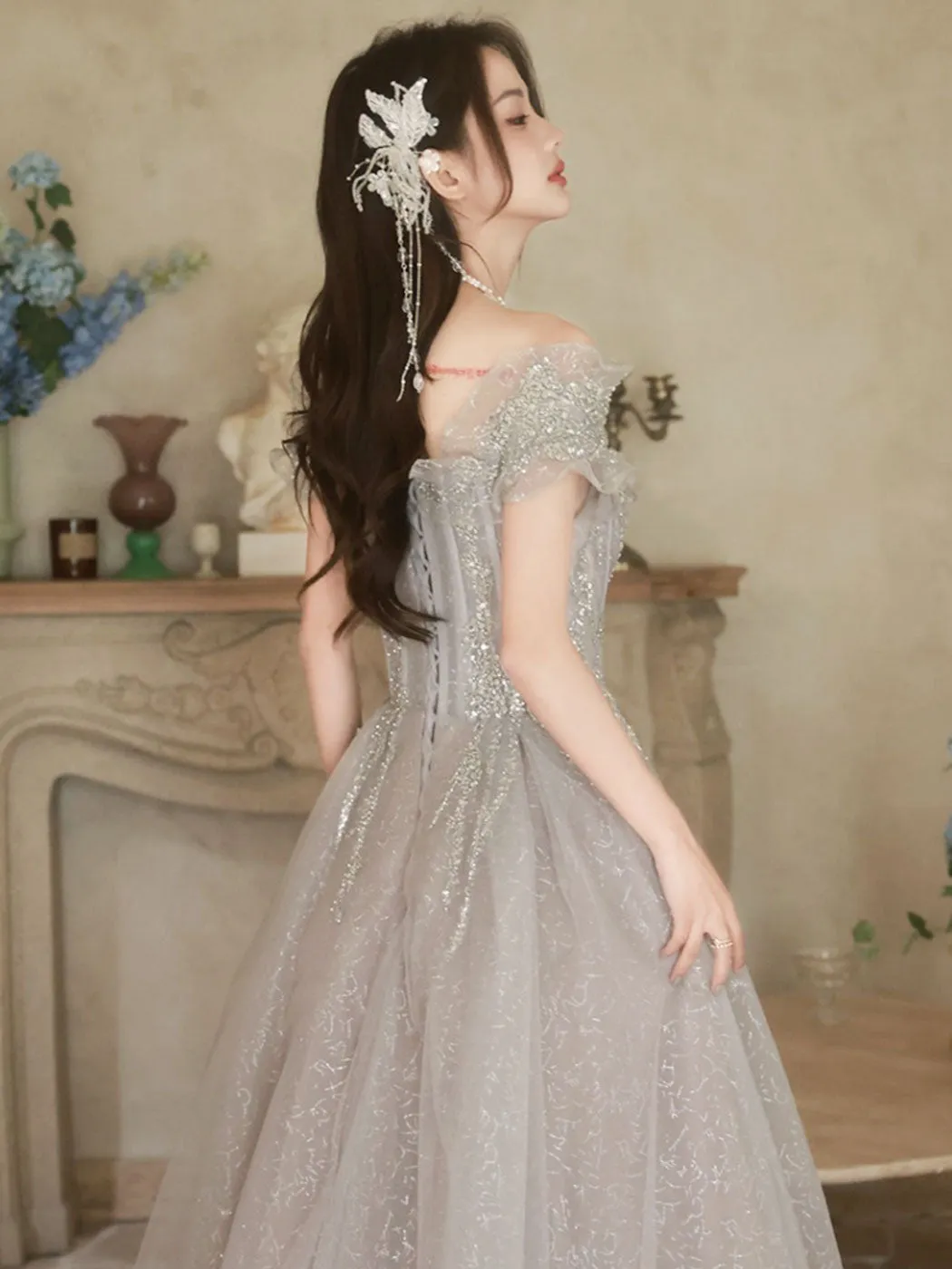 A-Line Off Shoulder Tulle Sequin Gray Long Prom Dress, Gray Formal Dress