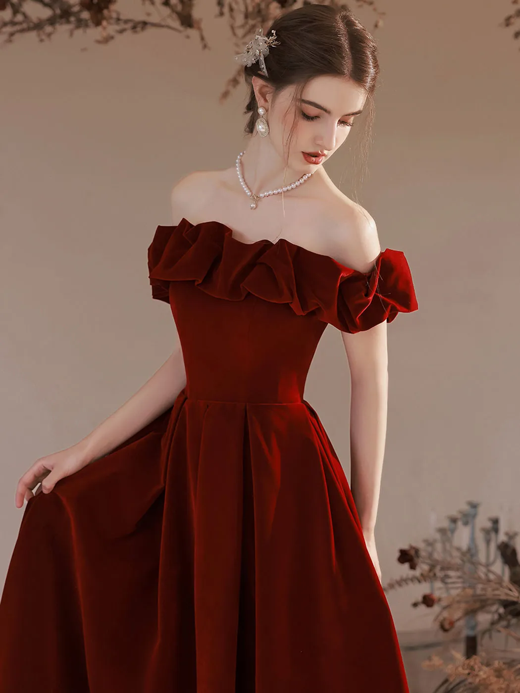 A-Line Off Shoulder Velvet Burgundy Long Prom Dress, Burgundy Evening Dresses