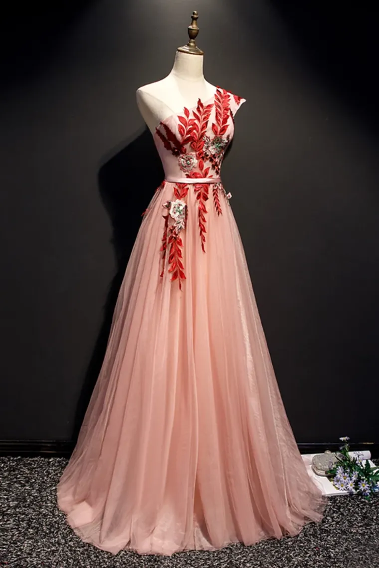 A Line One Shoulder Tulle Red Applique Long Prom Dress Evening Dress,JL20123