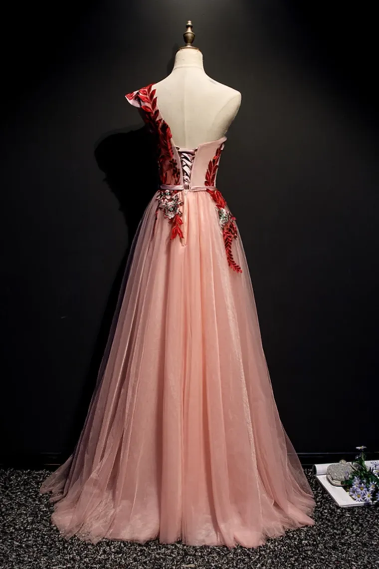 A Line One Shoulder Tulle Red Applique Long Prom Dress Evening Dress,JL20123