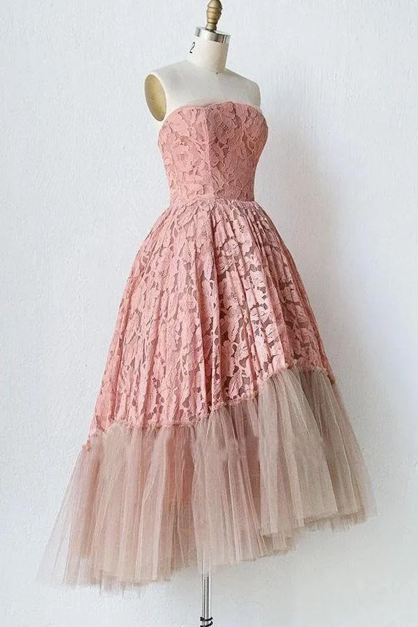 A Line Pink Lace Strapless Sleeveless Short Prom Dresses Tulle Homecoming Dresses