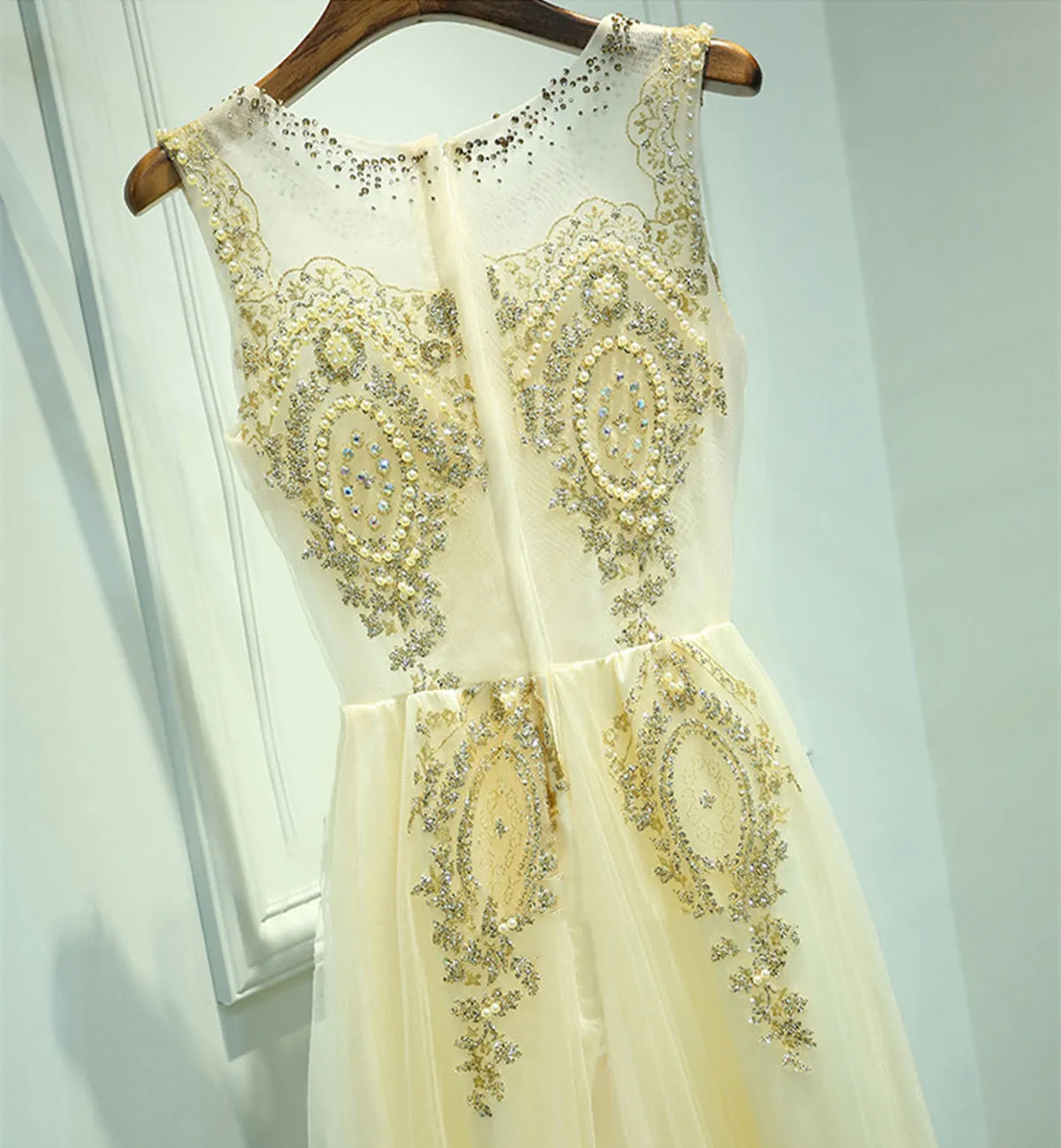 A Line Round Neck Lace Golden Prom Dress, Golden Formal Dress