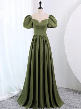 A-Line Scoop Neckline Puff Sleeves Satin Long Green Prom Dress, Green Formal Dress