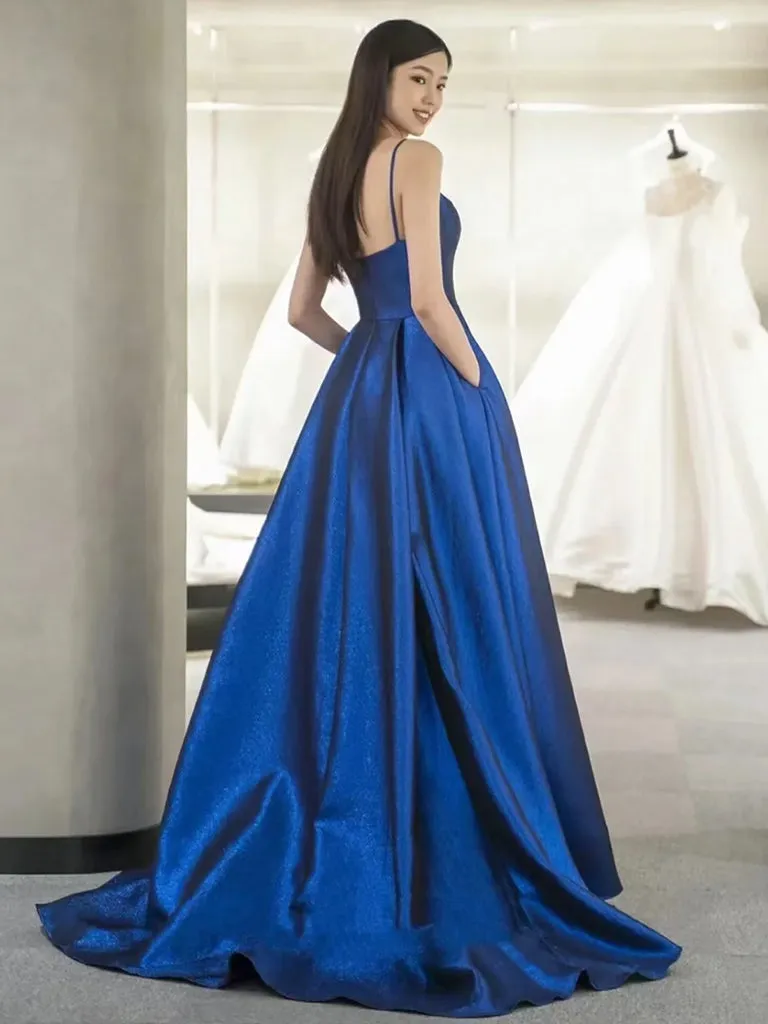 A-Line Sweetheart Neck Satin Blue Long Prom Dress, Blue Long Formal Dress