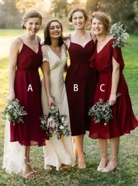 A-Line V-Neck Pleated Dark Red Chiffon Bridesmaid Dress