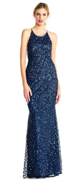 Adrianna Papell - Cross-Stringed Back Sequined Halter Gown AP1E202438 - 1 pc Deep Blue In Size 16 Available