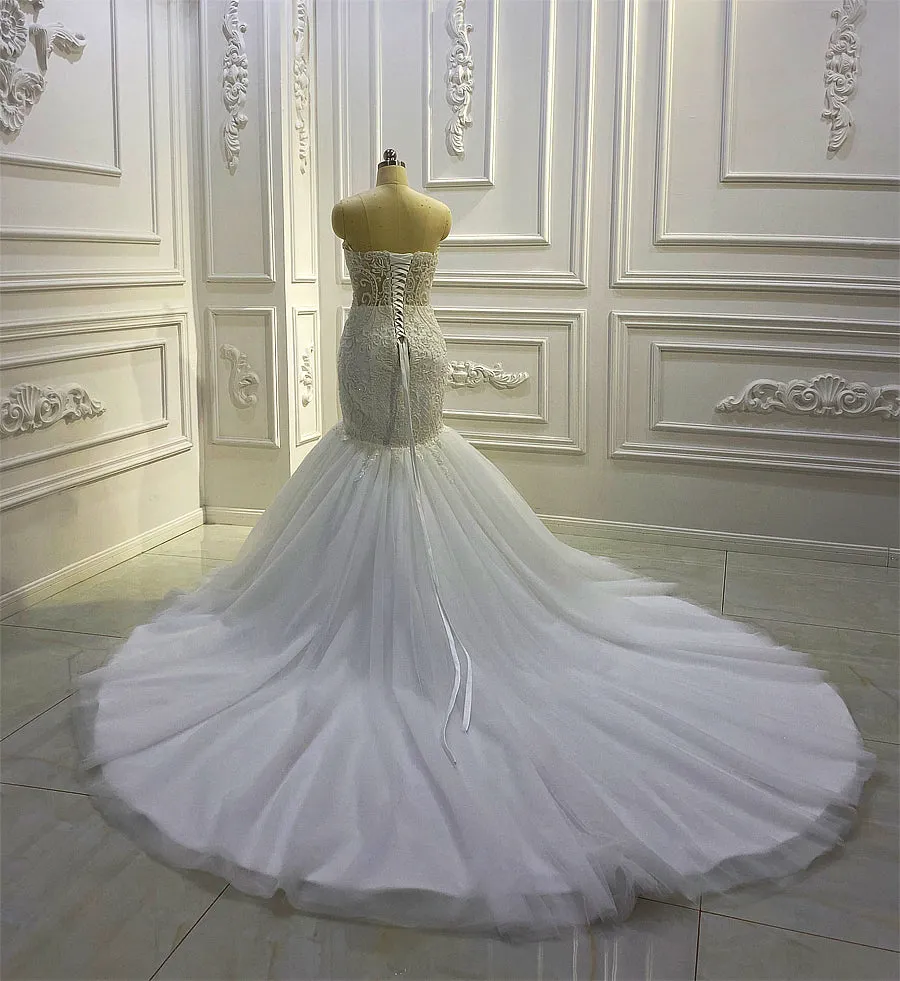 AM659 Mermaid Lace Applique Design Strapless luxury Wedding Dress