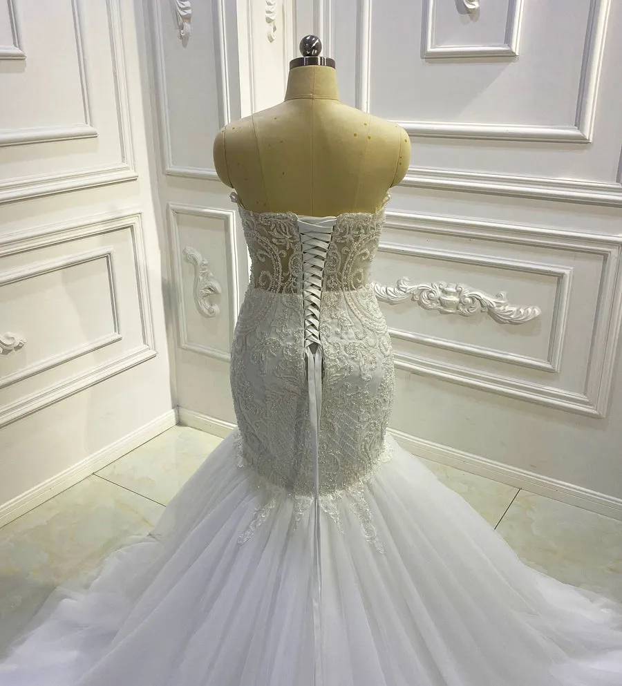 AM659 Mermaid Lace Applique Design Strapless luxury Wedding Dress