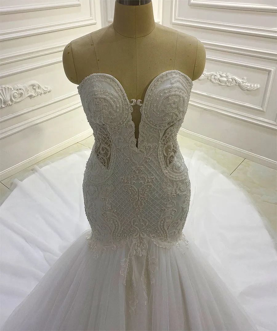 AM659 Mermaid Lace Applique Design Strapless luxury Wedding Dress