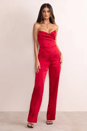 Amiah | Berry Red Satin Strapless Straight Leg Jumpsuit