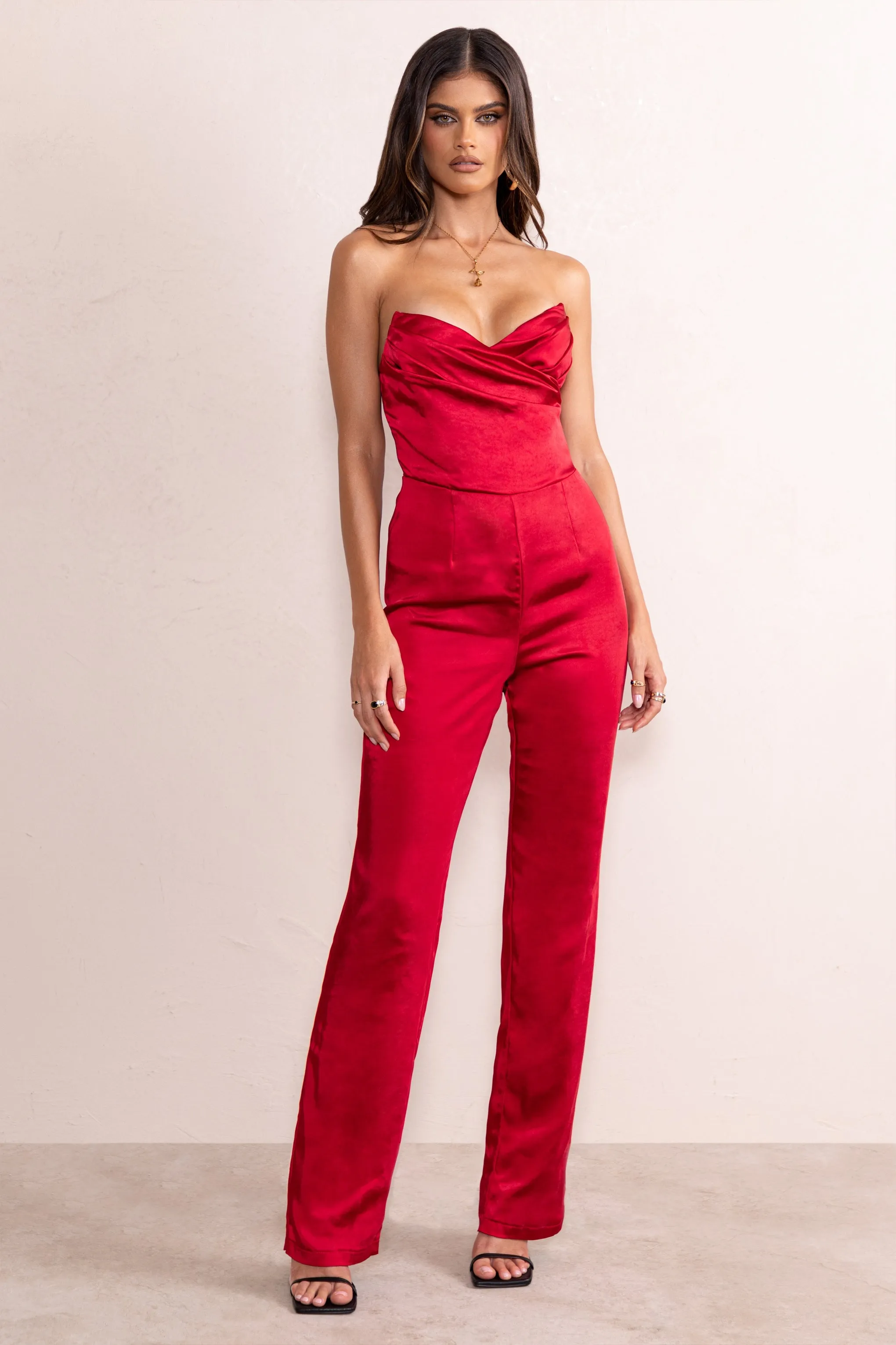 Amiah | Berry Red Satin Strapless Straight Leg Jumpsuit