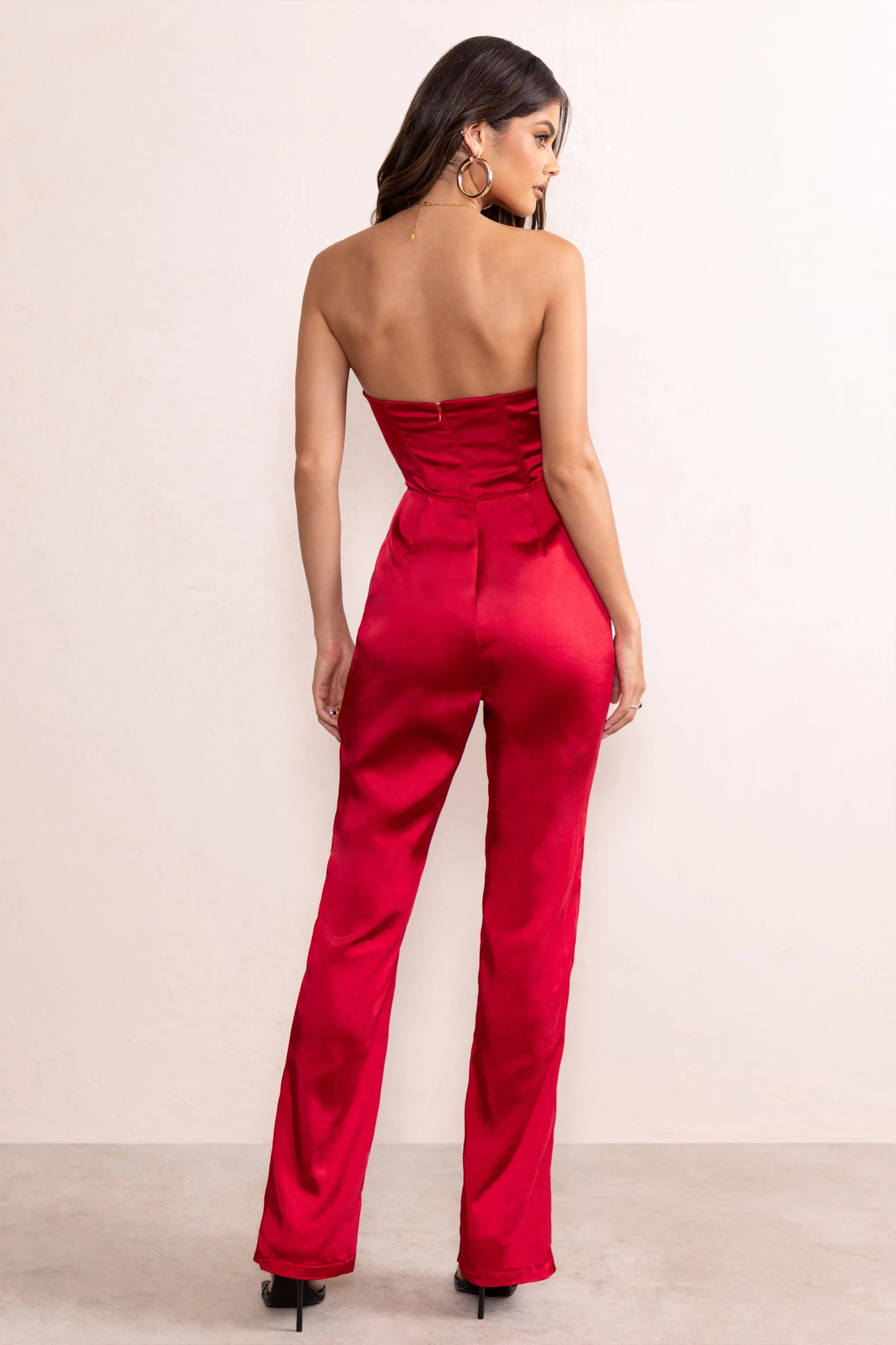 Amiah | Berry Red Satin Strapless Straight Leg Jumpsuit