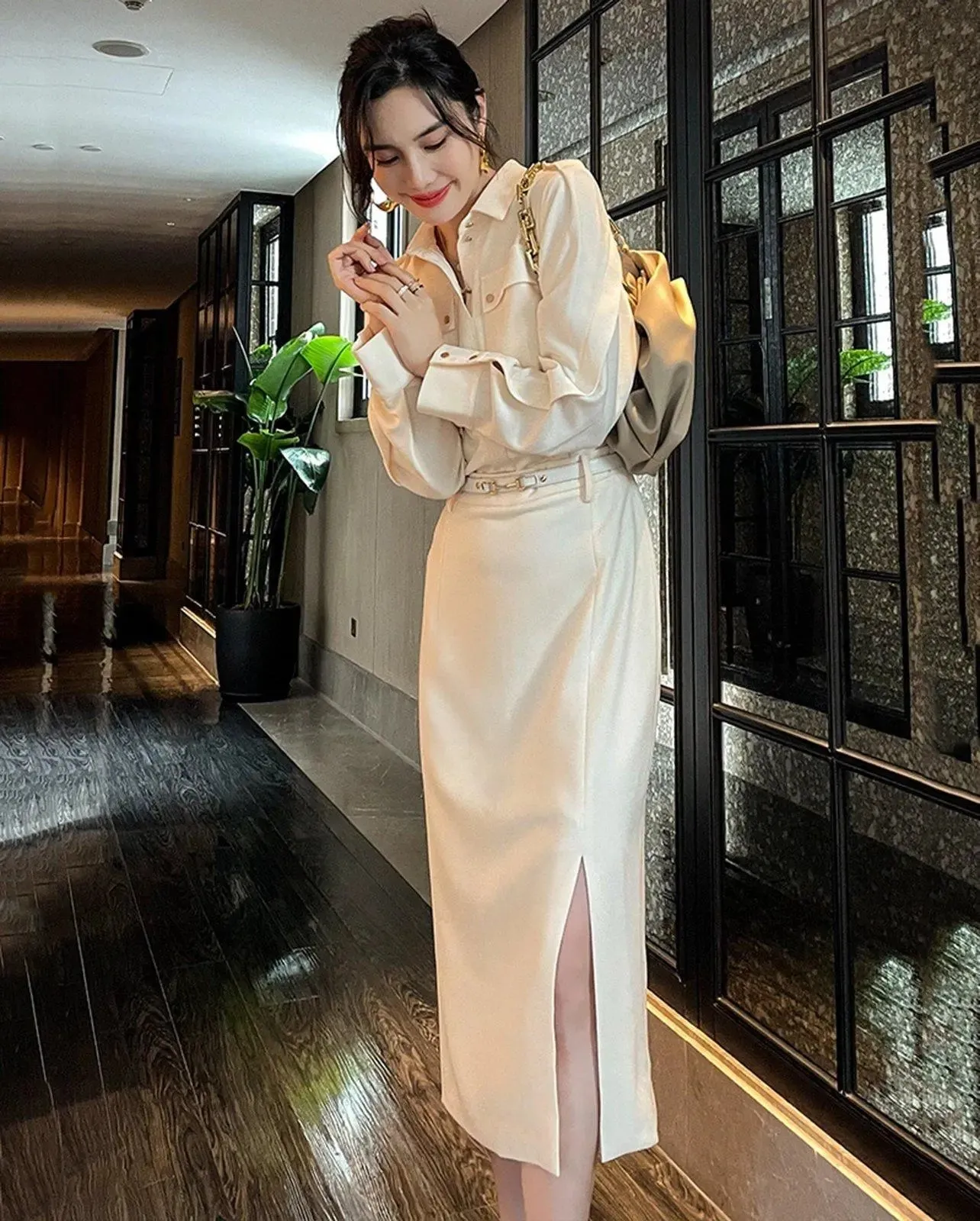 Barbara Ivory Long Sleeve Belted Corset Midi Shirt Dress