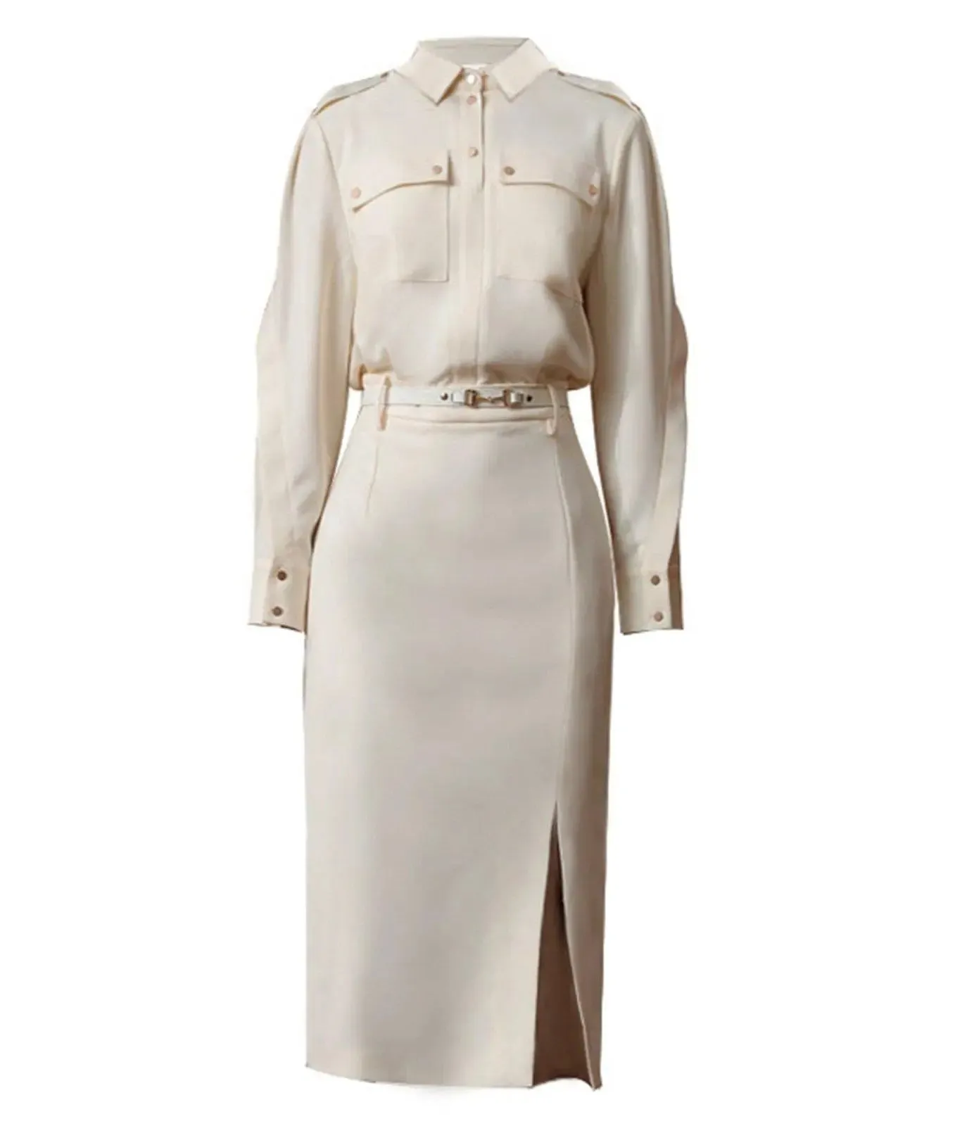 Barbara Ivory Long Sleeve Belted Corset Midi Shirt Dress