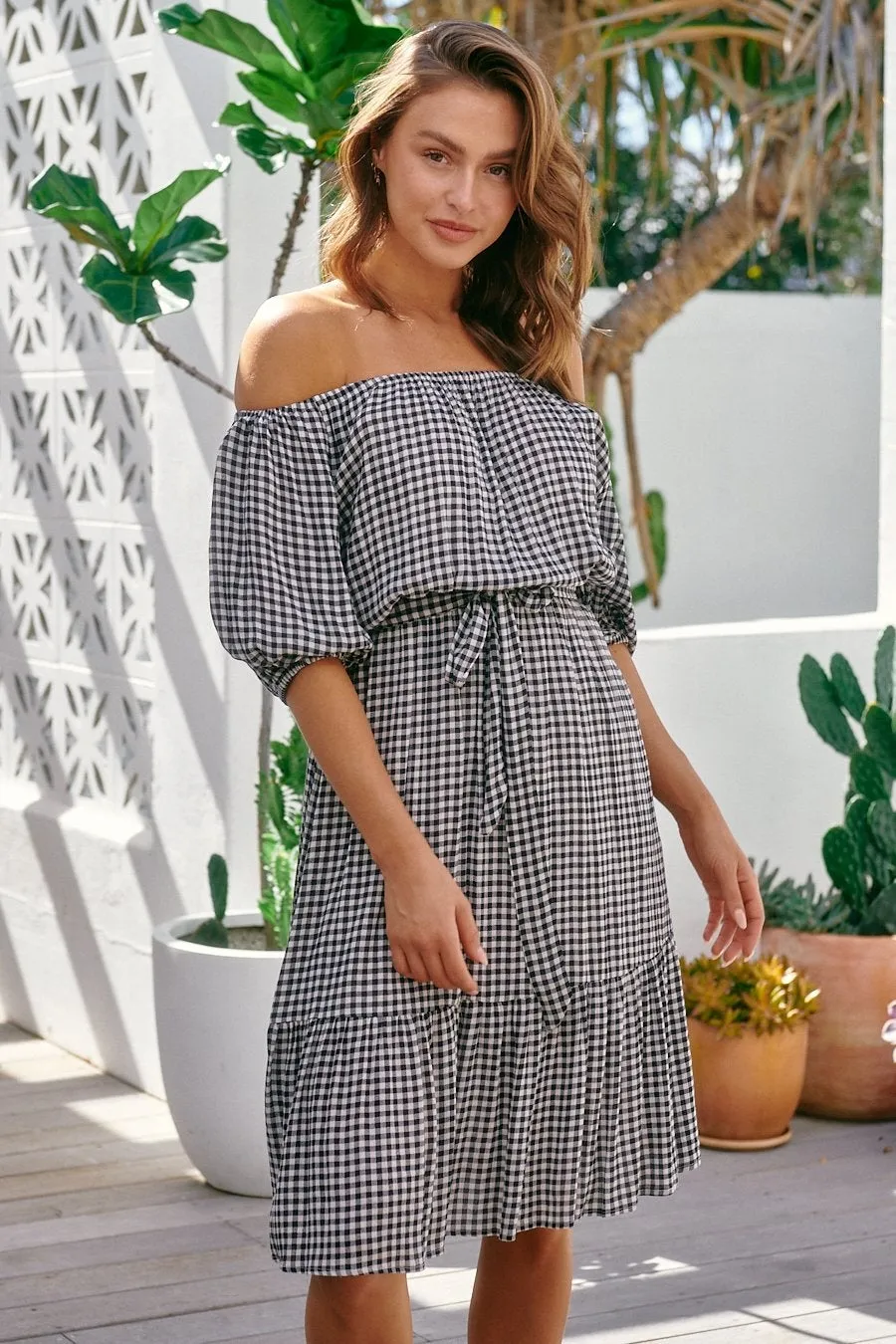 Bastille Black/White Gingham Off Shoulder Dress