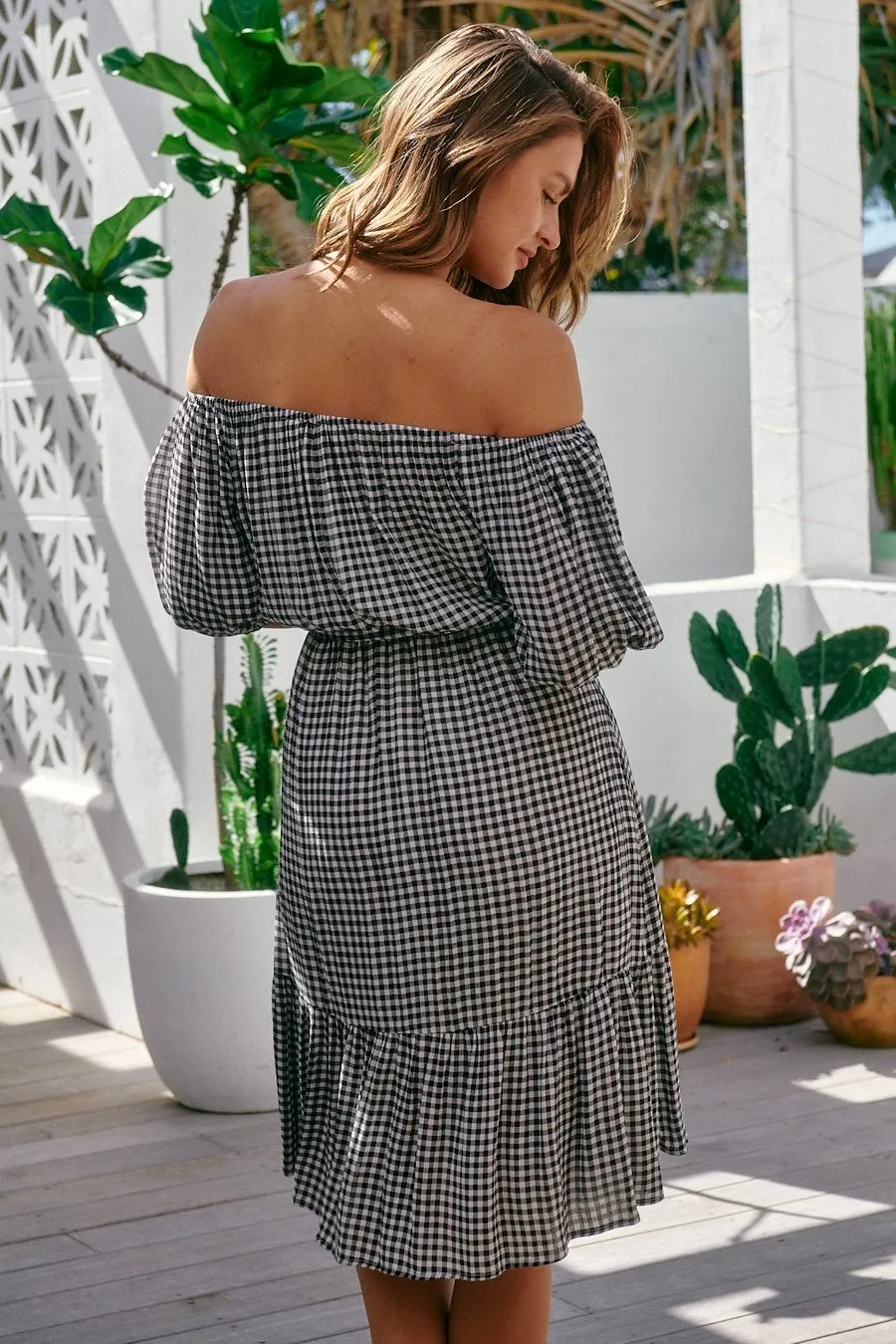 Bastille Black/White Gingham Off Shoulder Dress