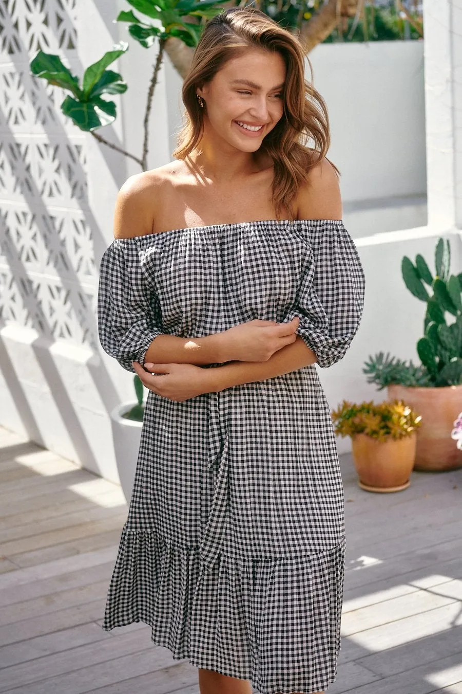 Bastille Black/White Gingham Off Shoulder Dress