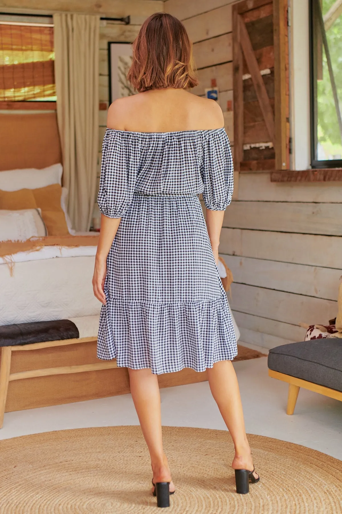 Bastille Black/White Gingham Off Shoulder Dress