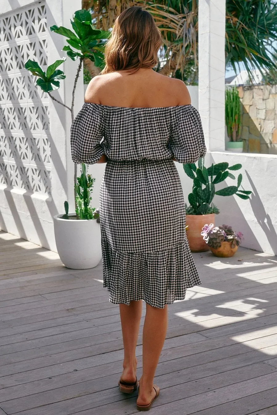 Bastille Black/White Gingham Off Shoulder Dress