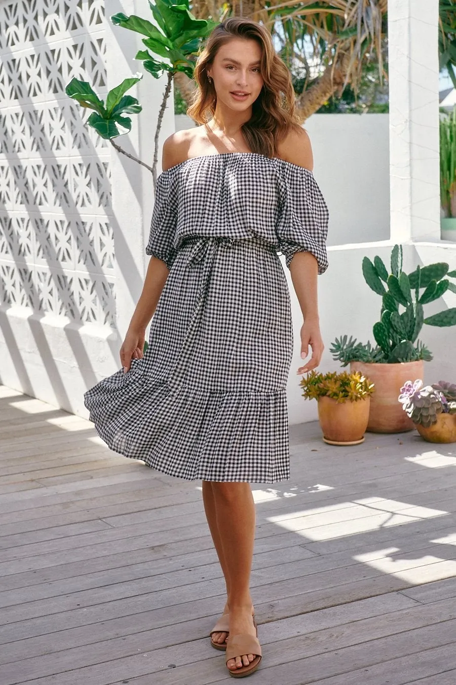 Bastille Black/White Gingham Off Shoulder Dress