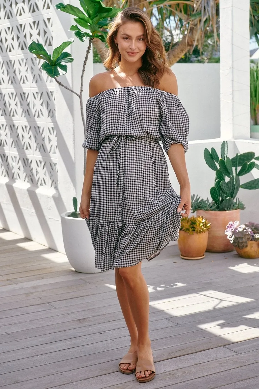 Bastille Black/White Gingham Off Shoulder Dress