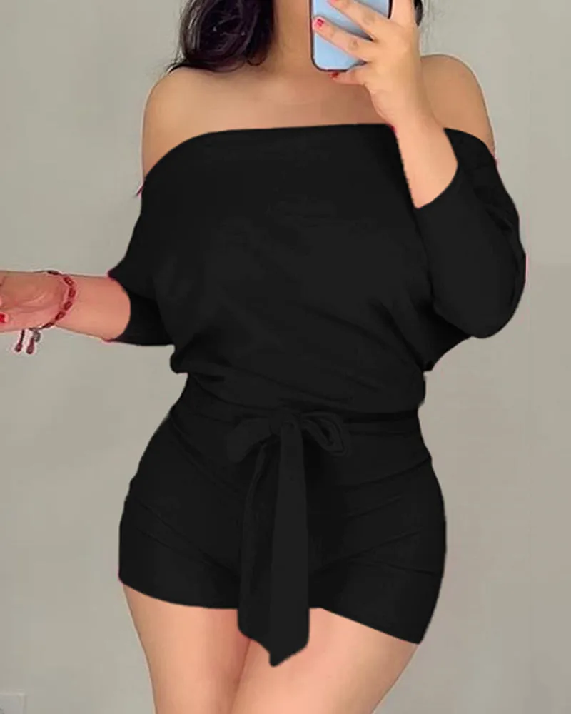 Batwing Sleeve Off Shoulder Tied Detail Romper