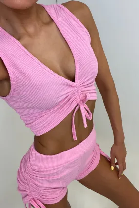 Belle Pink Ribbed Ruched Crop Top & Shorts Co-Ord Set