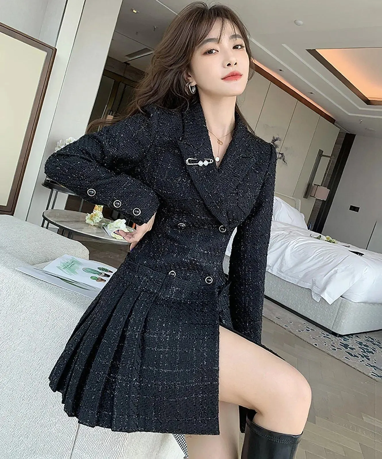 Belted Fit & Flare Tweed Mini Blazer Pleated Dress