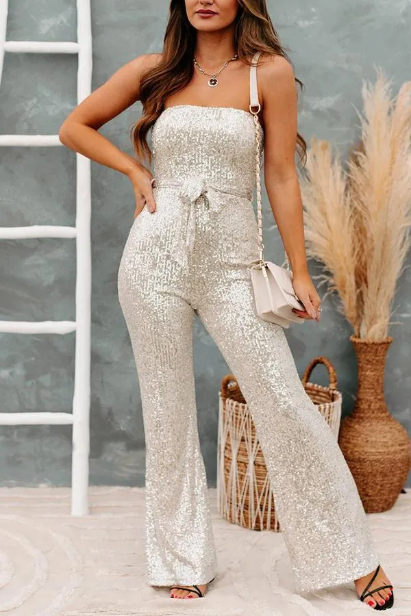 Belted Off-shoulder Sequin Jumpsuit