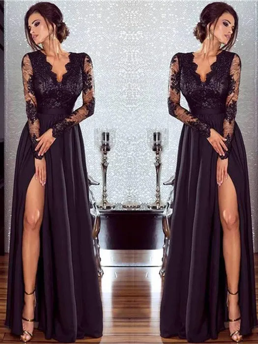 Black A Line Cheap Prom Dress Chiffon Long Sleeve Evenng Dress ER2044