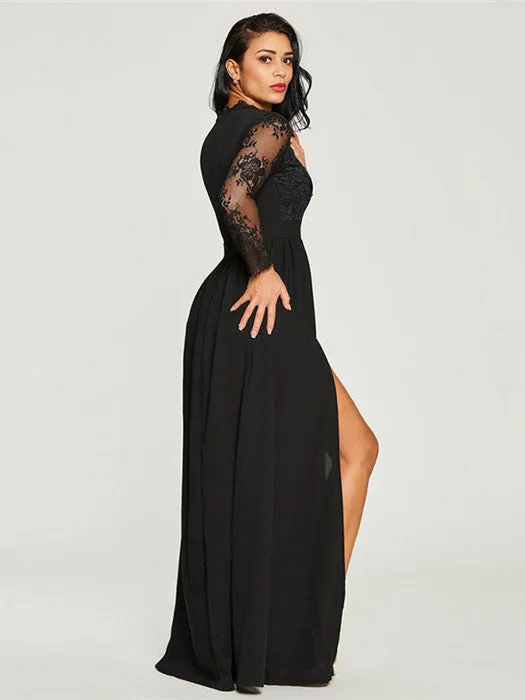 Black A Line Cheap Prom Dress Chiffon Long Sleeve Evenng Dress ER2044