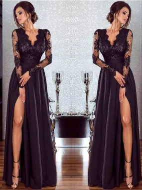 Black A Line Cheap Prom Dress Chiffon Long Sleeve Evenng Dress ER2044