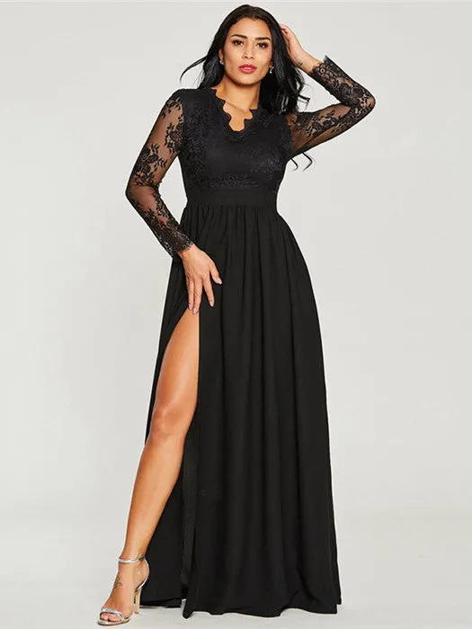 Black A Line Cheap Prom Dress Chiffon Long Sleeve Evenng Dress ER2044